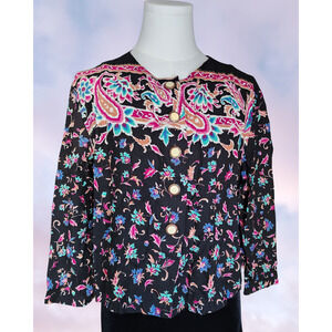 Vtg 80 Brittany Nicole Black Pink Rainbow Colorful Funky Paisley Swirl Top Sz M
